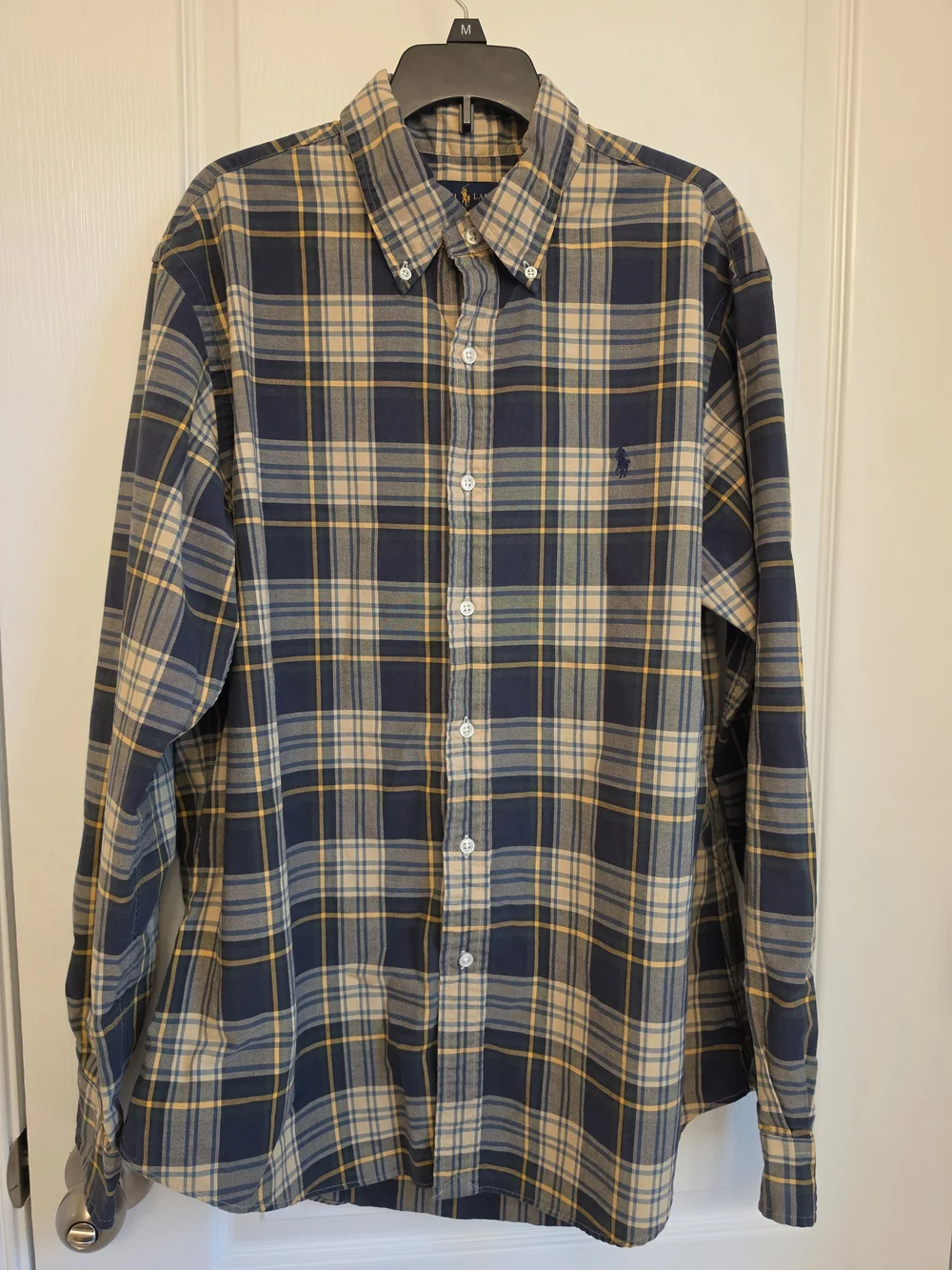 Polo by Ralph Lauren Men's Navy and Tan Plaid Button-Down Shirt (SIZE L)